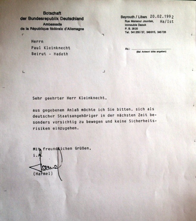 Brief Deutsche Botschaft Beirut 20.02.1992